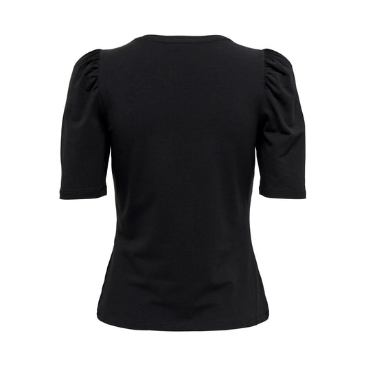 T-shirt Donna Only Pufftop; Nero. 95% Cotone, 5% Elastam. Maniche a palloncino, girocollo, tessuto stretch. Stile casual-chic adatto a tutte le stagioni. Vista posteriore stesa
