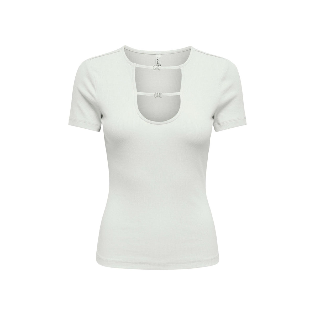 T-shirt bianca Only Onlrene con dettaglio cut-out e fiocchi, maniche corte e taglio aderente in cotone organico, ideale per outfit femminili. Vista frontale Stesa