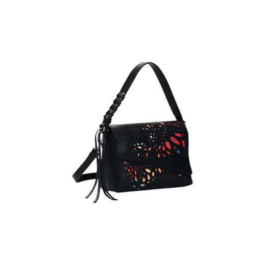 Borsa Desigual donna nera e multicolor modello BAG_NOTUS PRINT PHUKET MI. Borsa a tracolla media in ecopelle nera con motivo a fiori traforati e colorati sul davanti, chiusura a patta, manico a mano e interni divisi in scomparti, stile casual-chic originale.