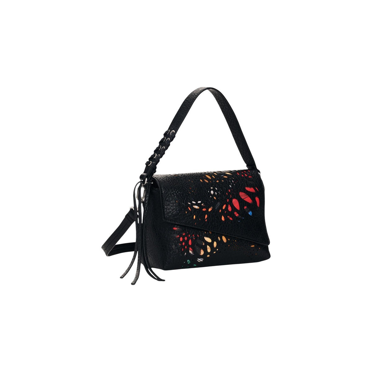 Borsa Desigual donna nera e multicolor modello BAG_NOTUS PRINT PHUKET MI. Borsa a tracolla media in ecopelle nera con motivo a fiori traforati e colorati sul davanti, chiusura a patta, manico a mano e interni divisi in scomparti, stile casual-chic originale.