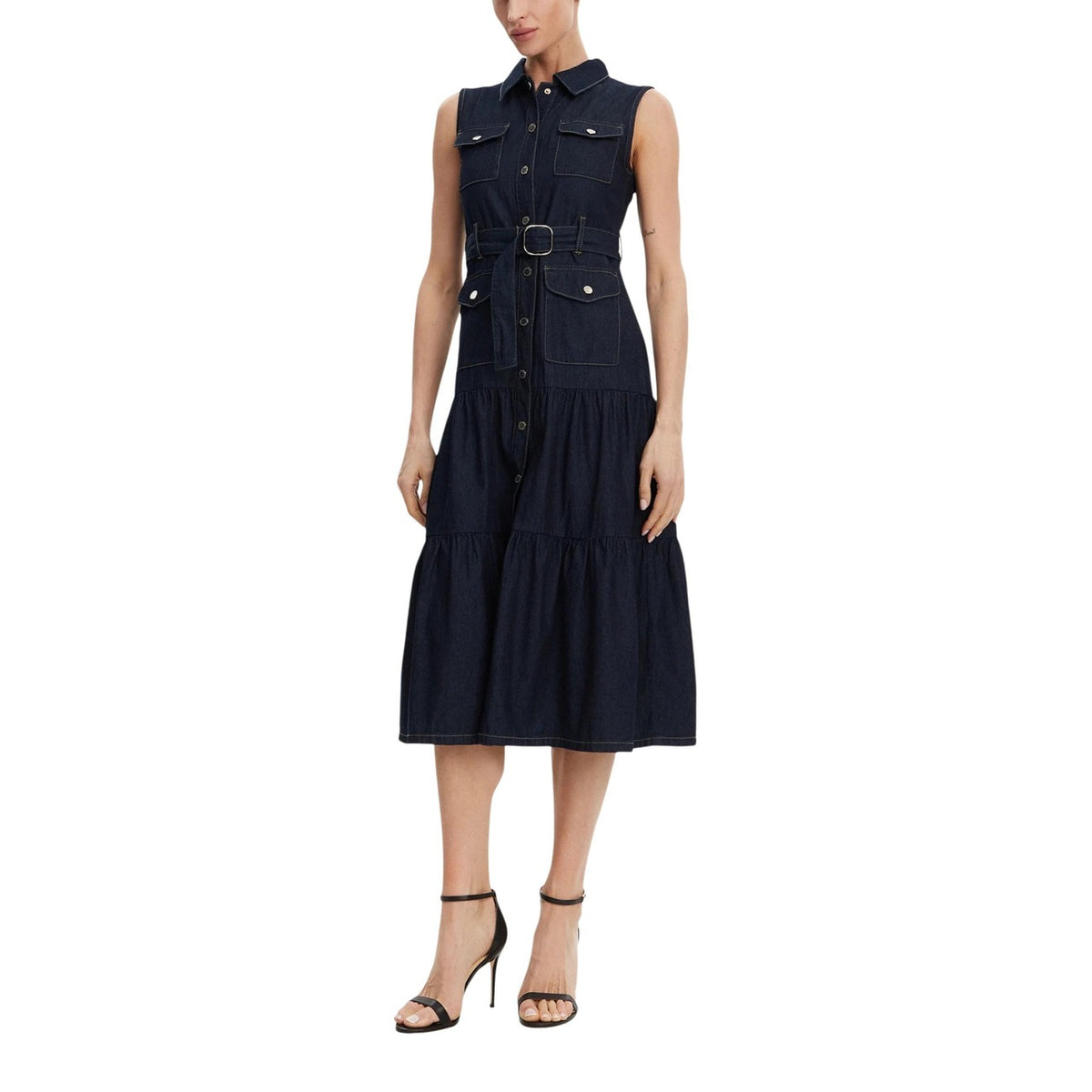 Abito Morgan De Toi donna blu midi smanicato con bottoni scollo tondo colletto classico tasche anteriori 75% cotone 25% cotone organico - vista frontale indossata da modello figura intera