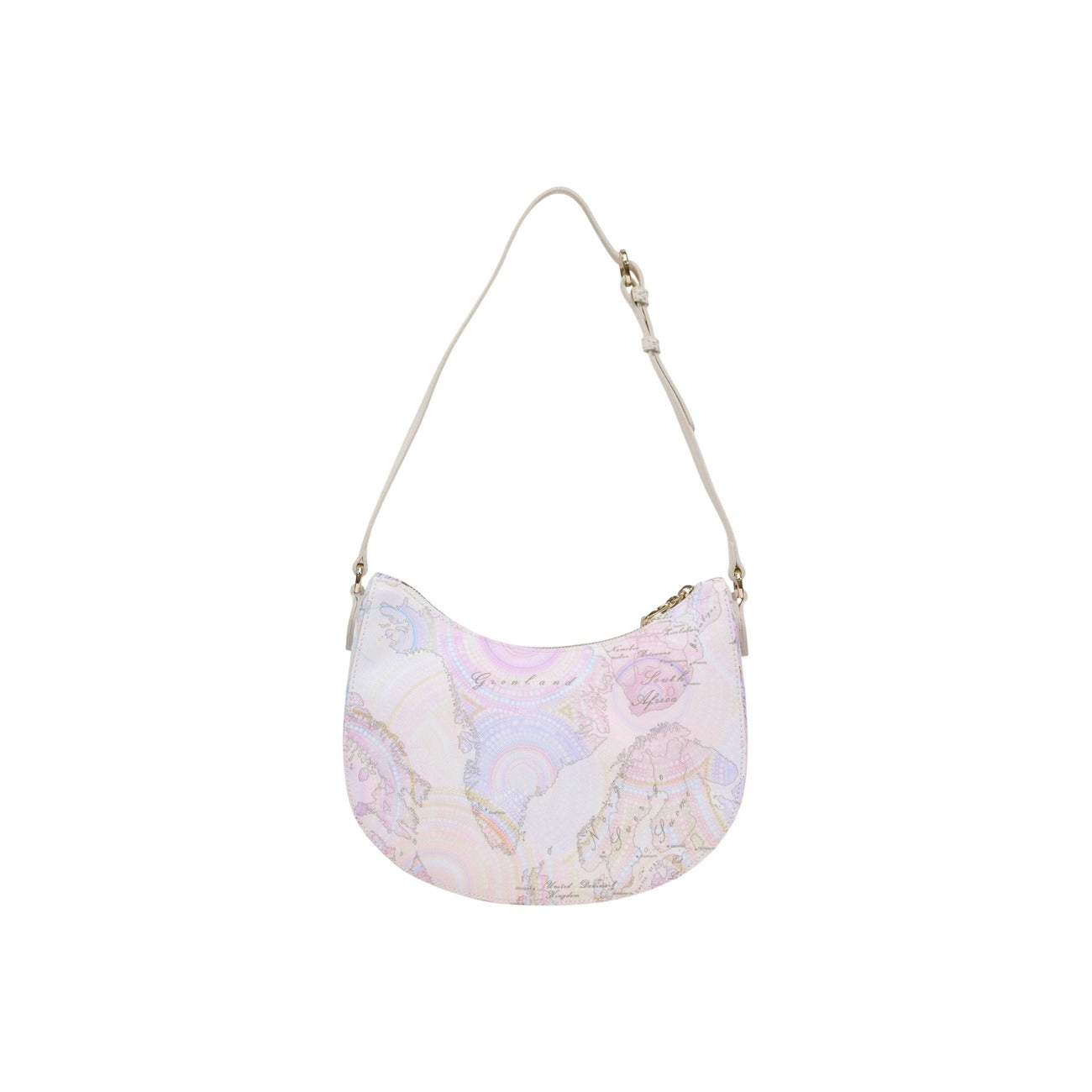 Mini borsa a spalla Alviero Martini Prima Classe, stampa Geo tonalità pastello e logo dorato; borsa piccola in tessuto spalmato resistente con scomparto sicuro a zip. Vista posteriore