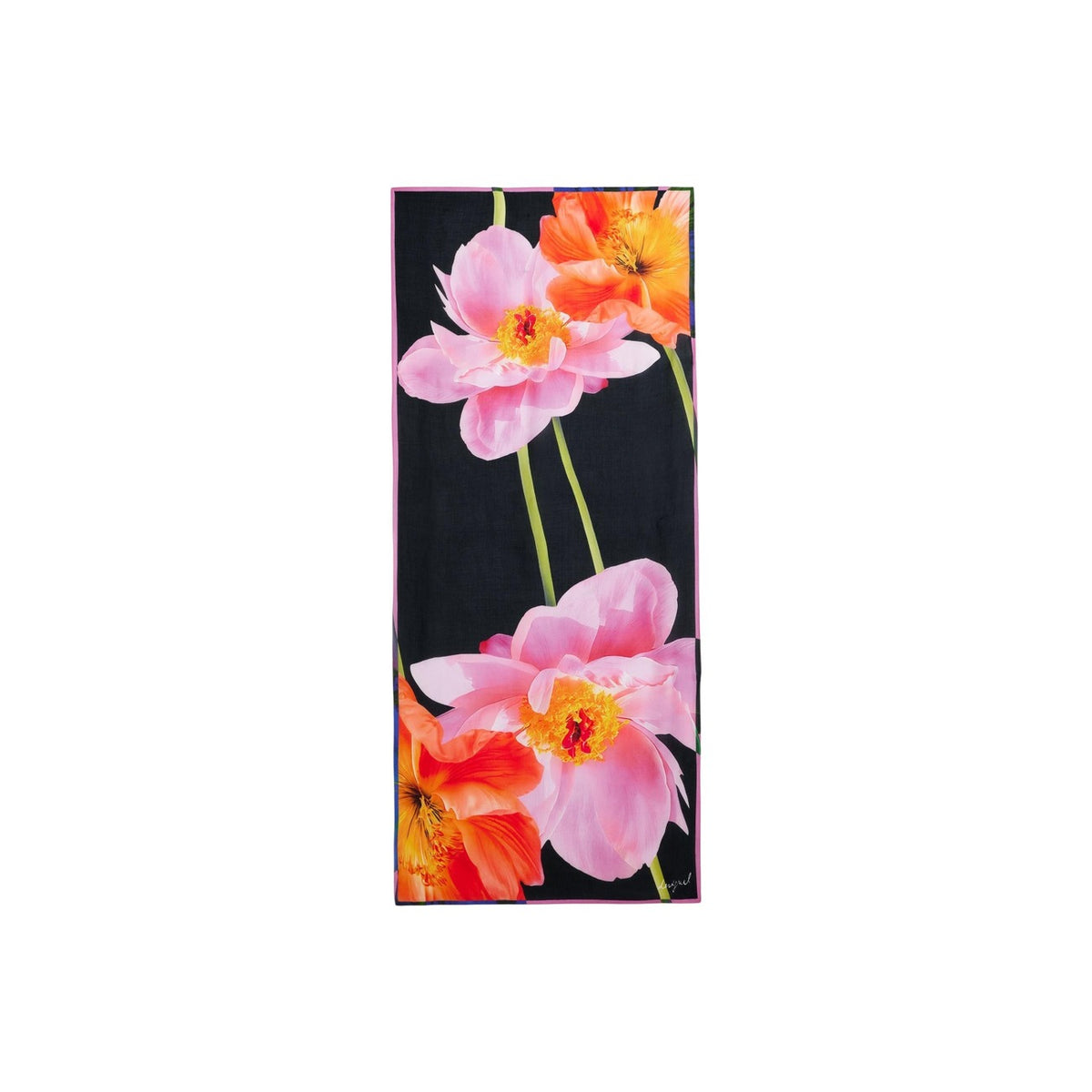 Foulard rettangolare con stampa di grandi gigli dai colori vivaci su fondo nero