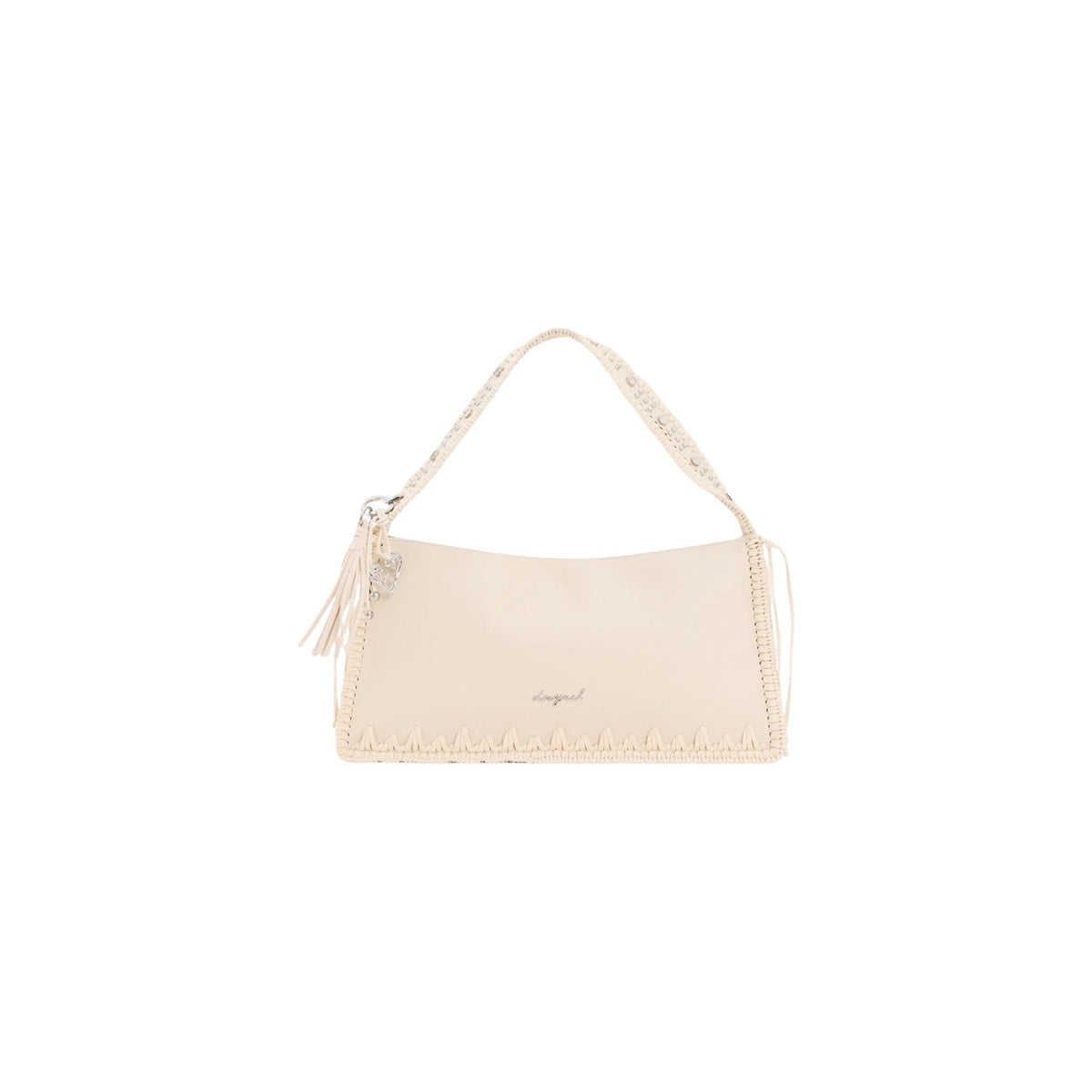 Borsa SS26 Multicolore; borchie metalliche, bordi intrecciati, orlo sfrangiato. Chiusura zip, manico largo intercambiabile, design sottile e strutturato. Stile artigianale contemporaneo. Colore beige vista frontale