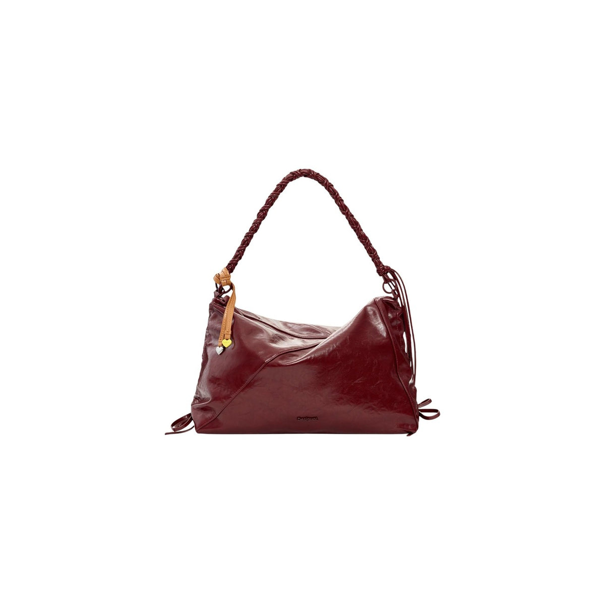 Borsa grande da donna Desigual BAG_RODIO LEIRIA BURGUN in poliestere lucido effetto stropicciato. Colore rosso bordeaux vista frontale
