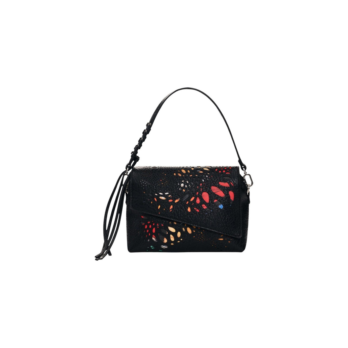 Borsa Desigual donna nera e multicolor modello BAG_NOTUS PRINT PHUKET MI. Borsa a tracolla media in ecopelle nera con motivo a fiori traforati e colorati sul davanti, chiusura a patta, manico a mano e interni divisi in scomparti, stile casual-chic originale.