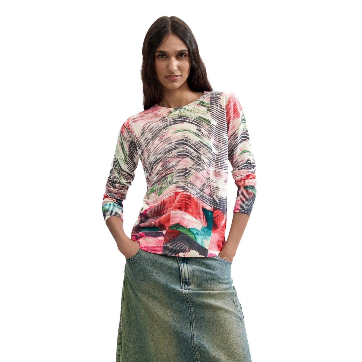Maglione Desigual donna rosso stampato modello JERS_GLITCH. Maglia fine leggera da donna con grafica astratta multicolore e girocollo stile casual, artistico e urban chic.