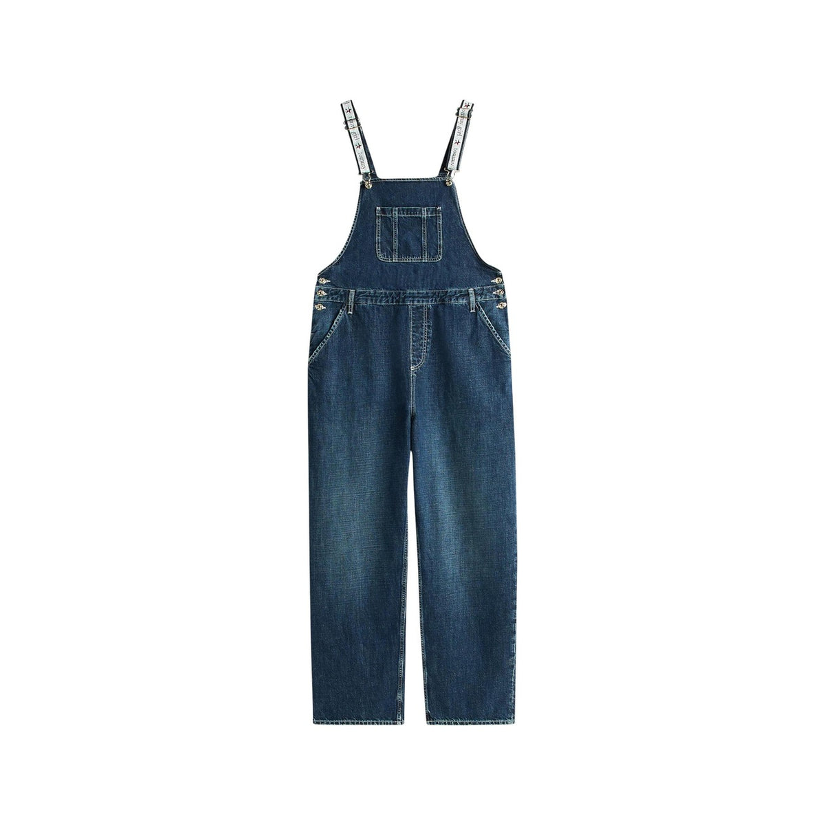 Salopette Tommy Girl; 100% cotone 12,9 oz. Relaxed fit, bretelle elastiche logate, effetto vissuto. Denim rigido con stella ricamata e tasche multiuso. Capo iconico gender inclusive. Vista frontale