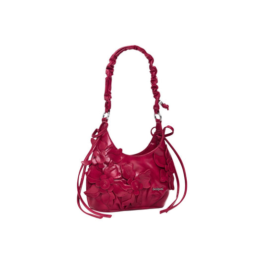 Borsa Desigual donna fucsia e rossa modello BAG_NEXUS BIRA R. Borsa a mano piccola e clutch in ecopelle fucsia accesa con volant arricciati, manico intrecciato, fiocchi laterali e tracolla rimovibile, borsa elegante e glamour da sera o cerimonia.