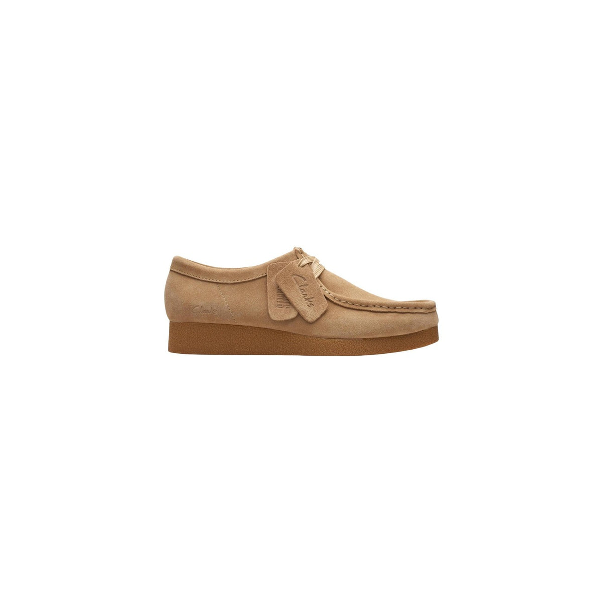 Clarks WallabeeEVO da uomo in 100% suede, scarpa bassa beige con suola para in gomma e iconica cucitura perimetrale, stile casual-raffinato. Vista laterale