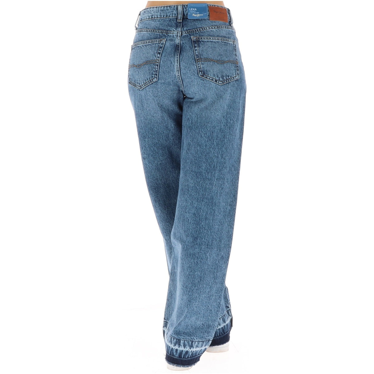 Jeans blu donna vita alta gamba dritta Pepe Jeans PL20510814S52. Pantaloni denim straight fit in tessuto flessibile con tencel, impunture e patch in pelle con logo.