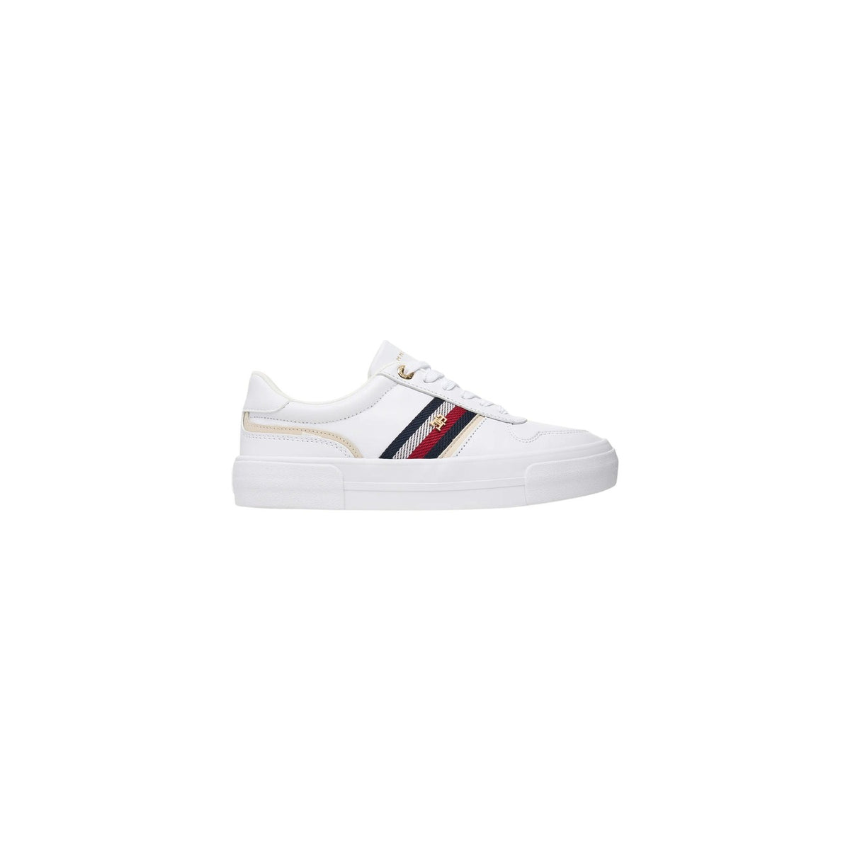 Scarpe Tommy Hilfiger donna bianche FW0FW09603. Sneakers sportive basse in 100% pelle con suola platform in gomma vulcanizzata, soletta rimovibile e logo monogramma TH sul lato
