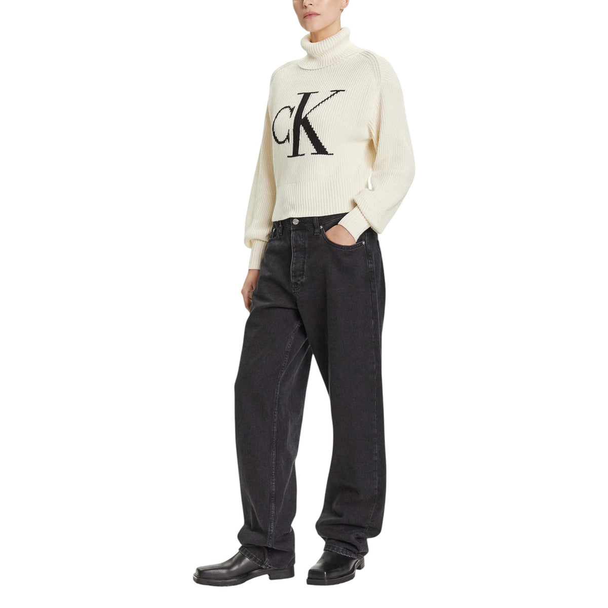 Calvin Klein Jeans Maglia Donna Bianca con Stampa Maniche Lunghe Scollo Alto - Maglia Cotone
