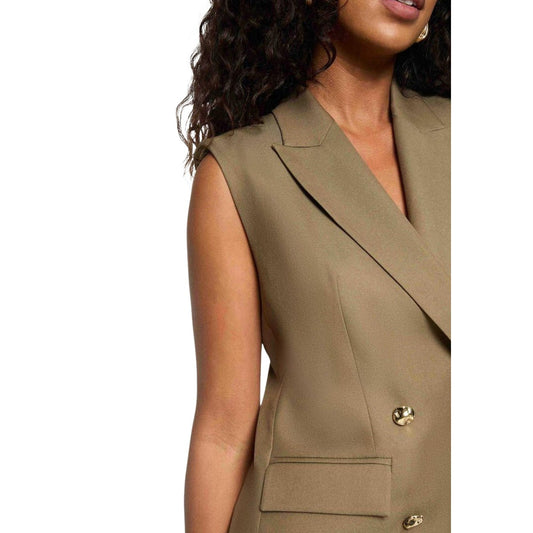 Morgan De Toi VFIDI.F Gilet; colore verde, chiusura a bottoni, scollo a V. Il capo versatile per un look "Power Dressing" moderno e vivace. Vista frontale Dettaglio scollo e bottoni