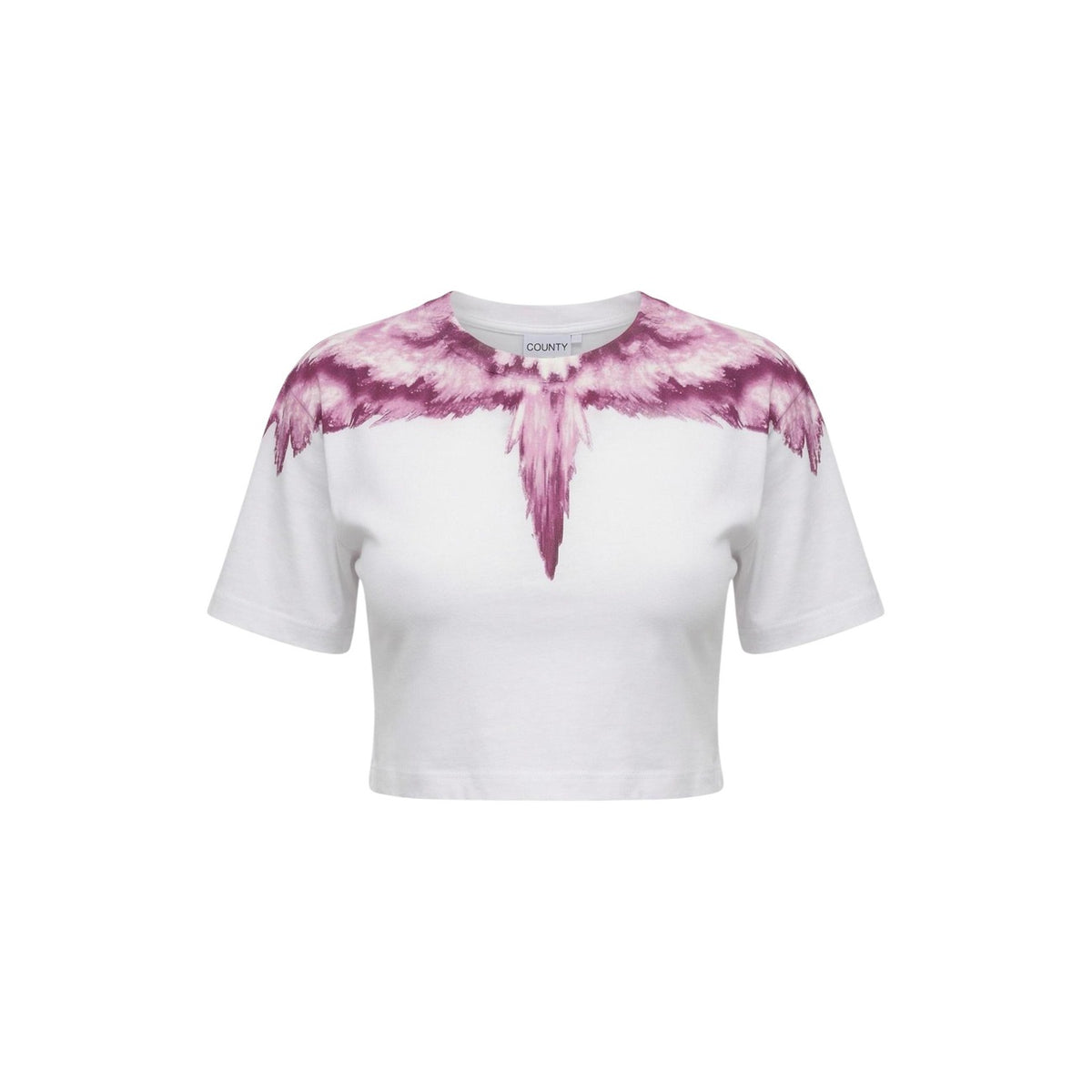 T-shirt cropped donna County of Milan; 100% cotone, stampa grafica su scollo e spalle, fit moderno. Stile urban distintivo Colore bianco e rosa. Vista frontale Stesa