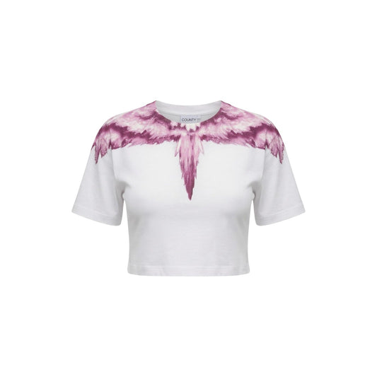 T-shirt cropped donna County of Milan; 100% cotone, stampa grafica su scollo e spalle, fit moderno. Stile urban distintivo Colore bianco e rosa. Vista frontale Stesa