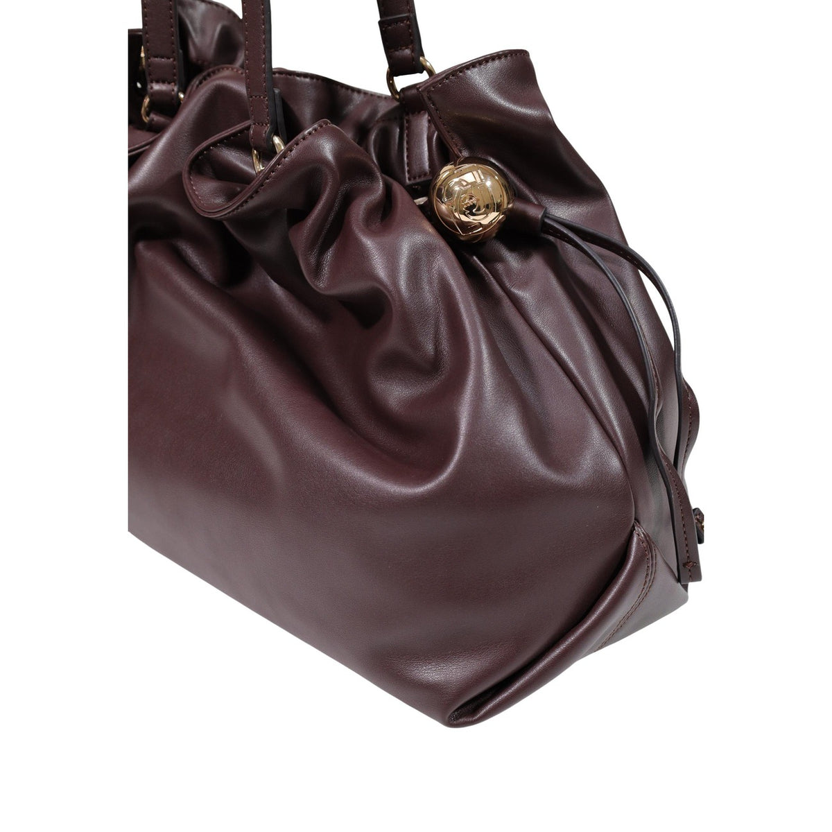 Borsa shopping Liu Jo viola AF6098 E1065. Shopping bag grande da donna in ecopelle drappeggiata con manici lunghi a spalla, logo metallico oro e chiusura zip, borsa capiente da lavoro e tempo libero 4 stagioni.