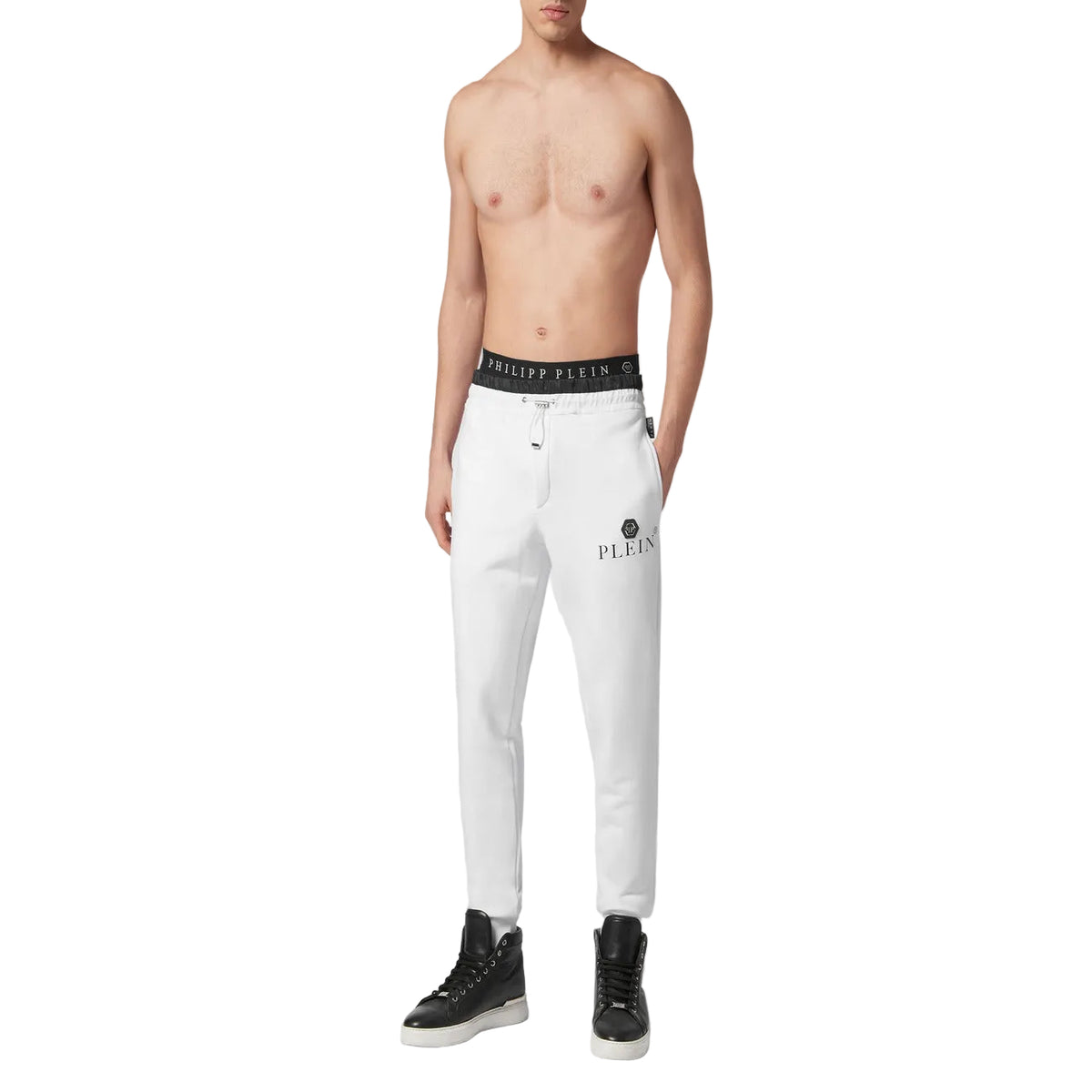 Pantaloni Philipp Plein uomo bianchi sportivi con logo zip e bottone tasche 100% cotone - vista frontale indossati da modello figura intera
