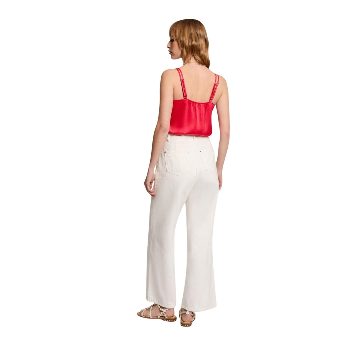 Morgan De Toi 242-OLAFI; top brassiere scollo a V, spalline con pietre gioiello, vestibilità stretch. L'essenziale luminoso per i tuoi outfit da sera. Colore corallo. Vista posteriore