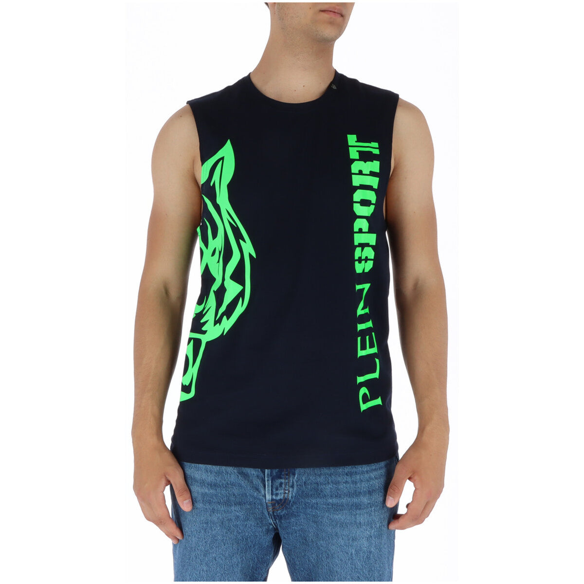 Plein Sport Canotta uomo 1906; 100% cotone, colore blu con stampa grafica verde, scollo a giro e taglio smanicato confortevole per la stagione estiva.