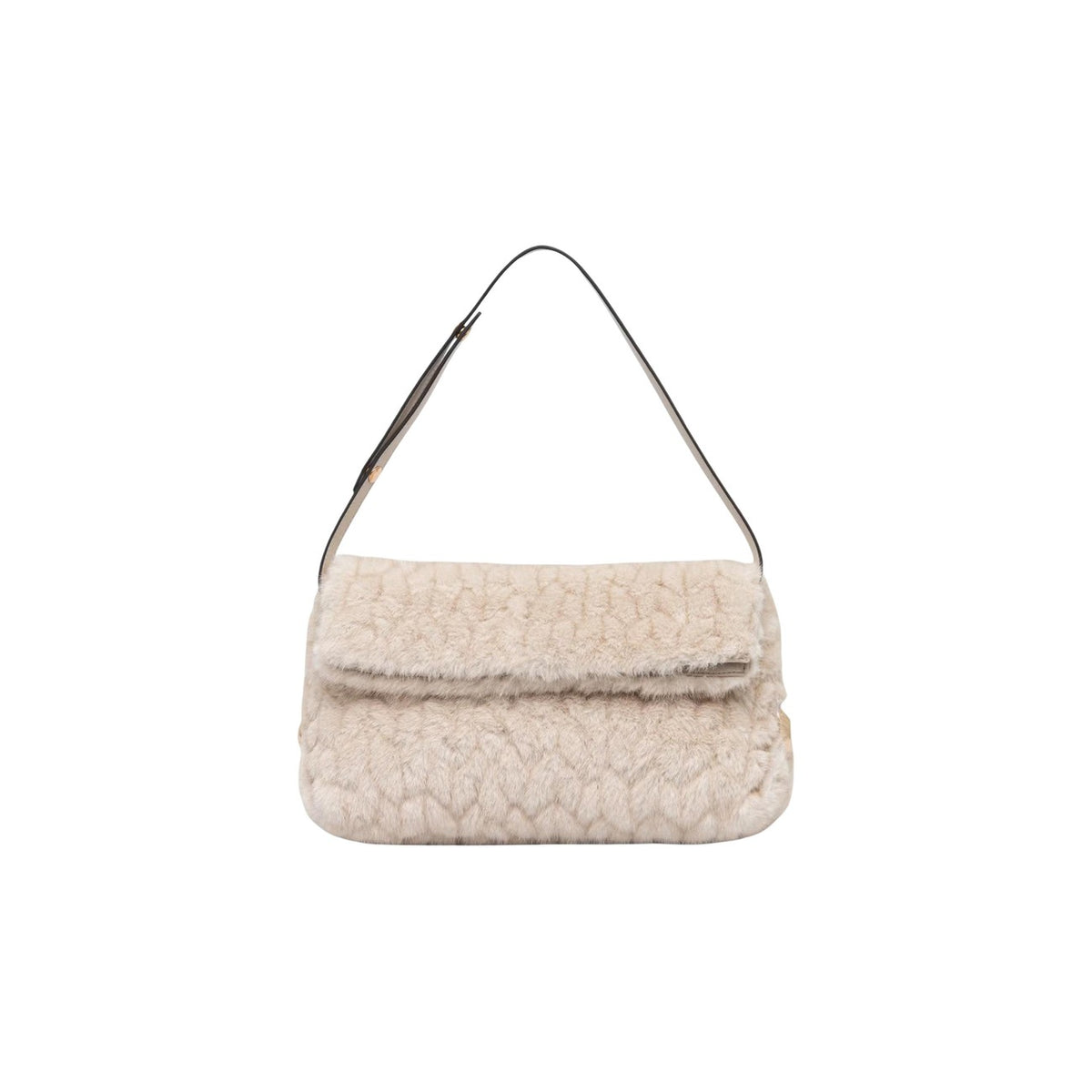 Pochette Liu-Jo bianca effetto pelliccia AF6097 E1168. Borsa da sera da donna bianca in tessuto effetto maglia morbida con patta, tracolla in ecopelle e logo dorato, pochette elegante glamour.