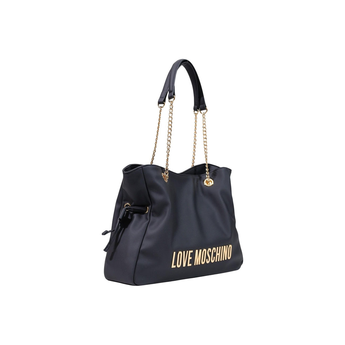 Borsa Love Moschino donna nera shopping modello JC4186PP1. Borsa grande a spalla nera liscia effetto pelle con maxi logo oro, catene e fiocchi laterali regolabili stile casual chic, romantico e daily glamour.