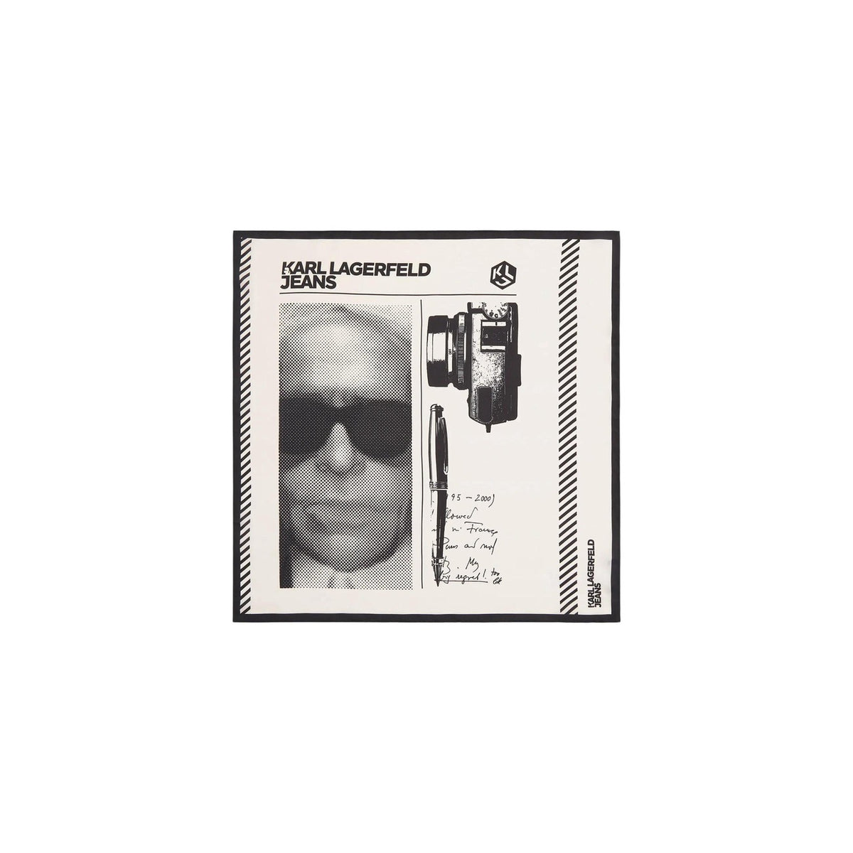 Foulard Karl Lagerfeld B2W330071EY; 100% Poliestere. Stampa grafica Ikon, 55x55 cm, bordo logato. Sciarpa quadrata versatile, luminosa e resistente per la PE26. Vista stesa