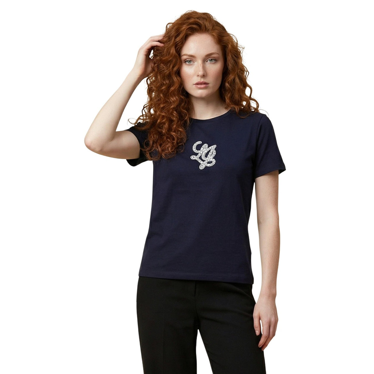 T-shirt donna Liu Jo modello TA6285 JS923 in 100% cotone blu navy, taglio classico a girocollo con logo decorativo ricamato sul davanti