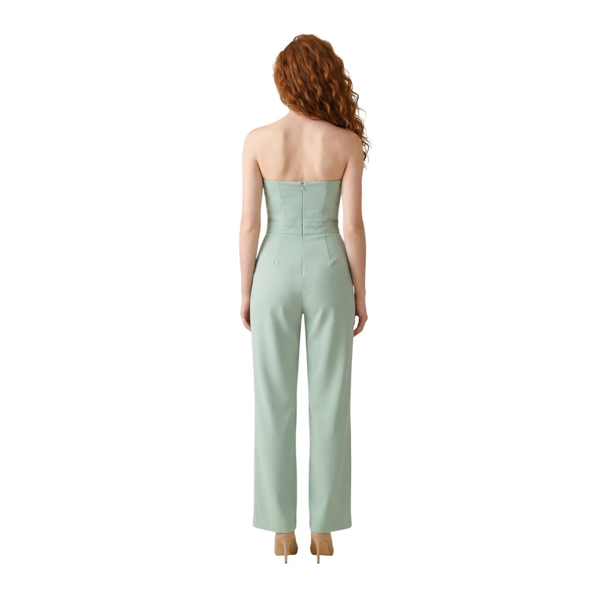 Artigli Jumpsuit Bustier Palazzo; scollo a cuore, bottoni gioiello in vita e vestibilità impeccabile. Tessuto fluido e sofisticato per serate ed eventi. Colore verde. Vista posteriore