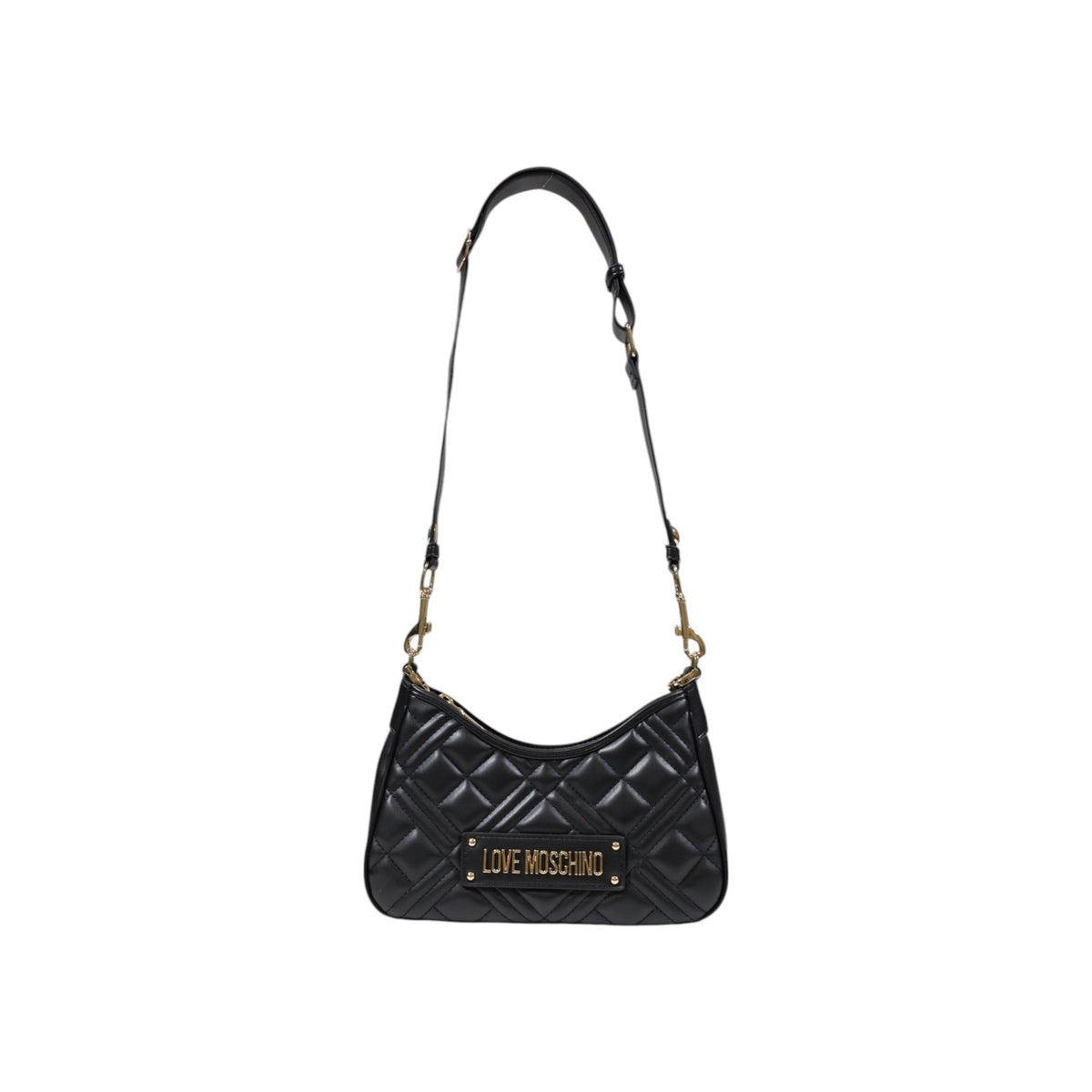 Borsa Love Moschino donna nera a spalla modello JC4152PP1M. Borsetta piccola trapuntata in ecopelle nera con manico a catena corta oro e placca logo stile casual chic, elegante e da sera.