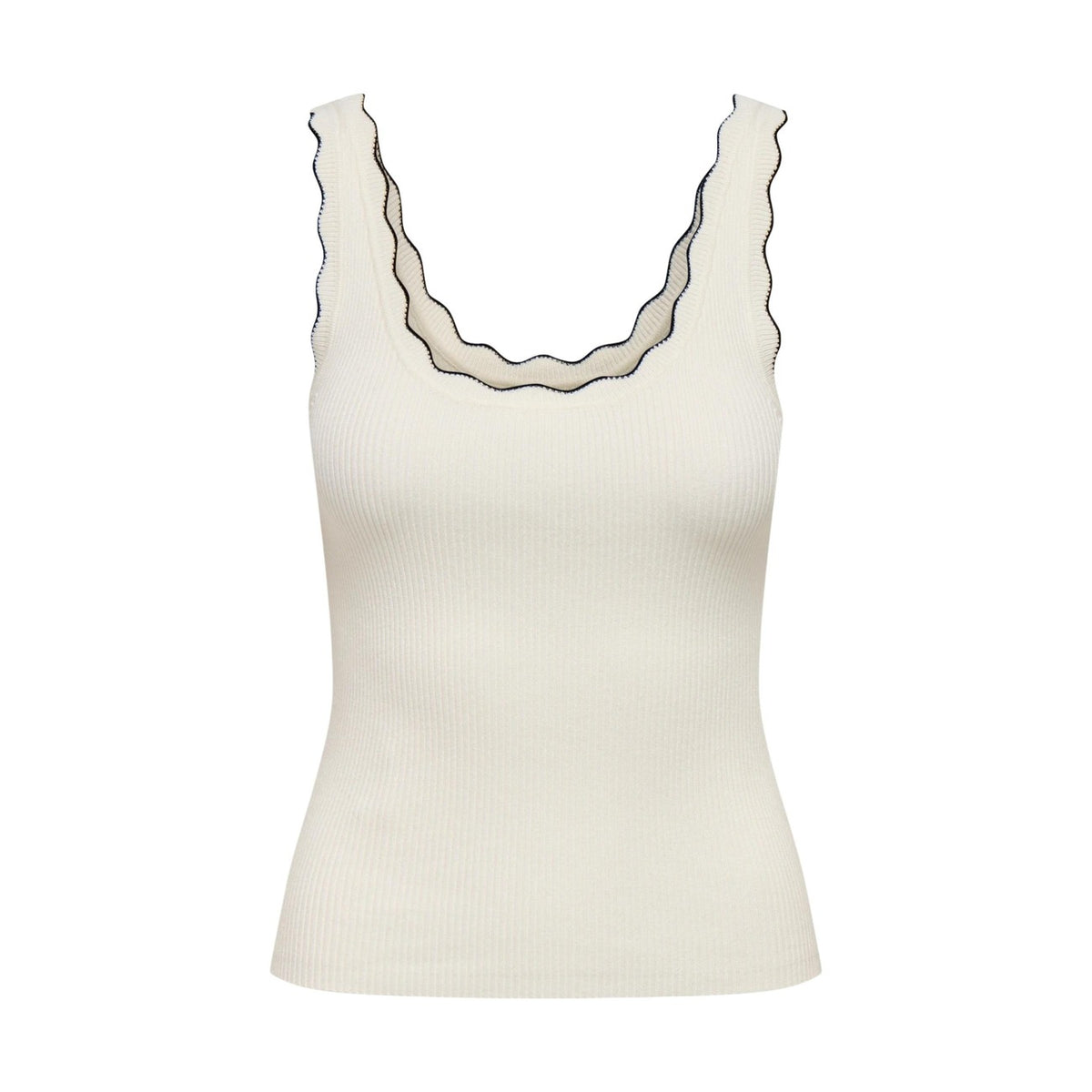 Top maglia JDY; 80% viscosa, 20% nylon. Scollo a U, dettagli smerlati, senza maniche. Maglia piatta elastica e traspirante, vestibilità aderente "Knit Fit". Colore bianco panna vista frontale Stesa