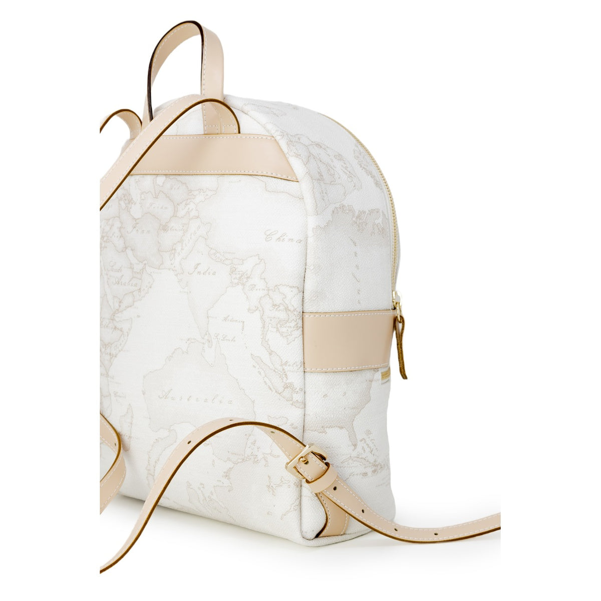 Zaino Medio Donna Alviero Martini Prima Classe; Bianco Geo White. 40% Pregiata pelle stampata con dettagli in metallo oro lucido. Chiusura con zip, tasca frontale e spallacci regolabili. Misure slanciate e capienti (25x29 cm), stile Heritage contemporaneo. Posteriore
