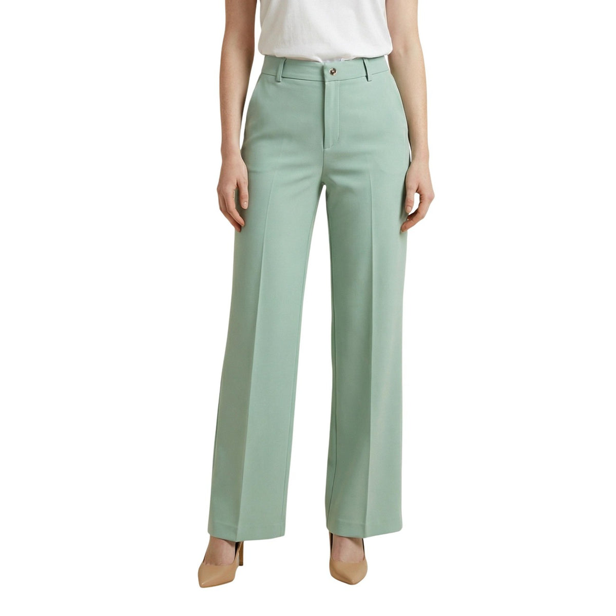 Artigli Pantaloni Palazzo verde Stretch; taglio largo e sofisticato, tessuto leggermente elasticizzato antipiega, perfetto da abbinare a tacchi o sneakers per un look di tendenza. Vista frontale