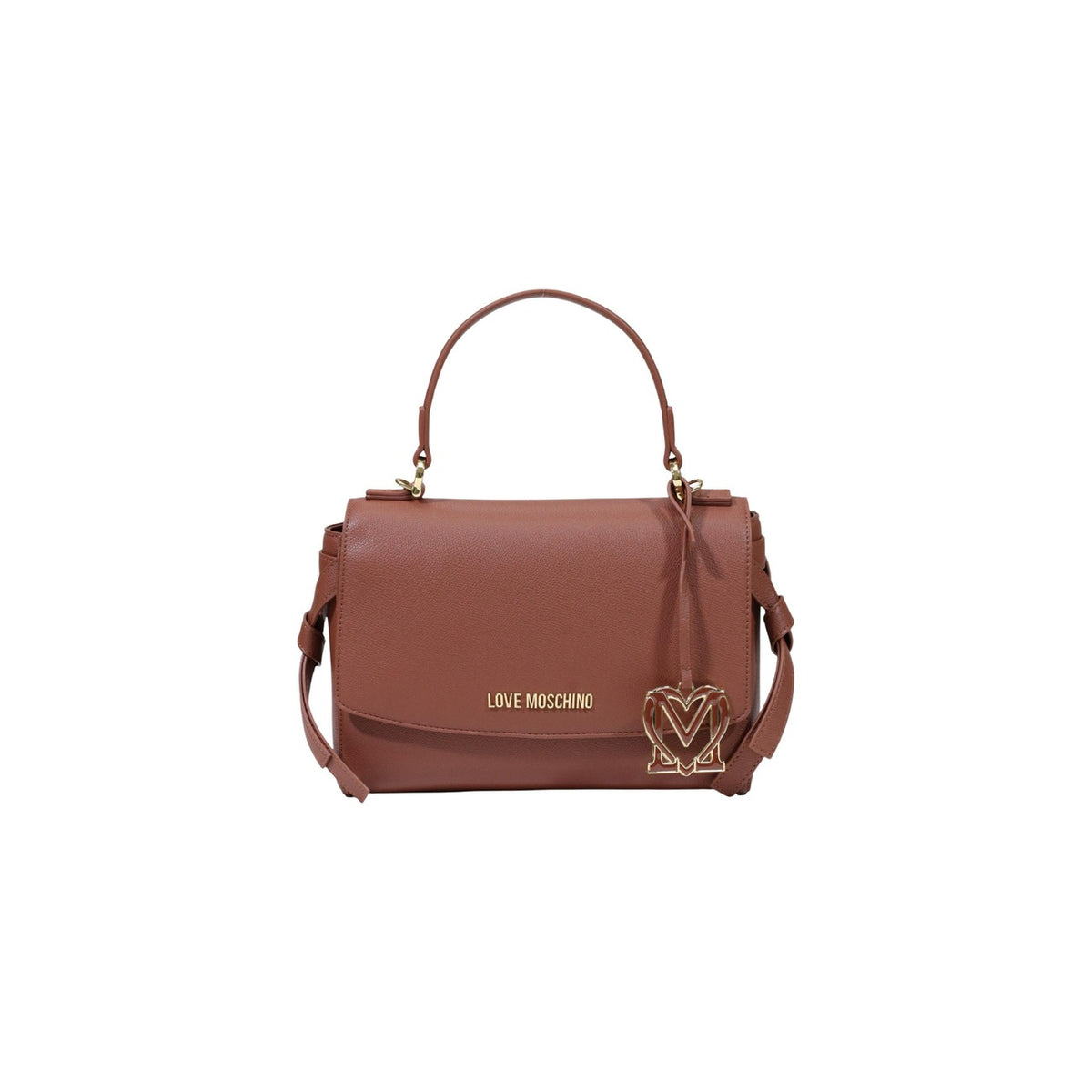 Borsa Love Moschino donna marrone a mano modello JC4061PP. Borsetta media rigida effetto pelle marrone cuoio con tracolla, patta e charm dorato pendente stile elegante, casual chic e da giorno.