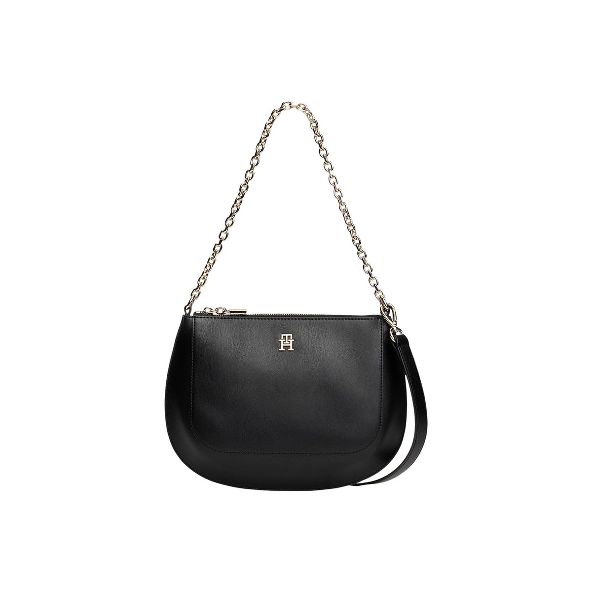 Borsa Tommy Hilfiger Convertible; 100% Poliuretano. Doppia tracolla (catenella e coordinata), chiusura con zip, dettagli metallici dorati. Design versatile e moderno, capienza 2,3 litri. Colore nero vista frontale