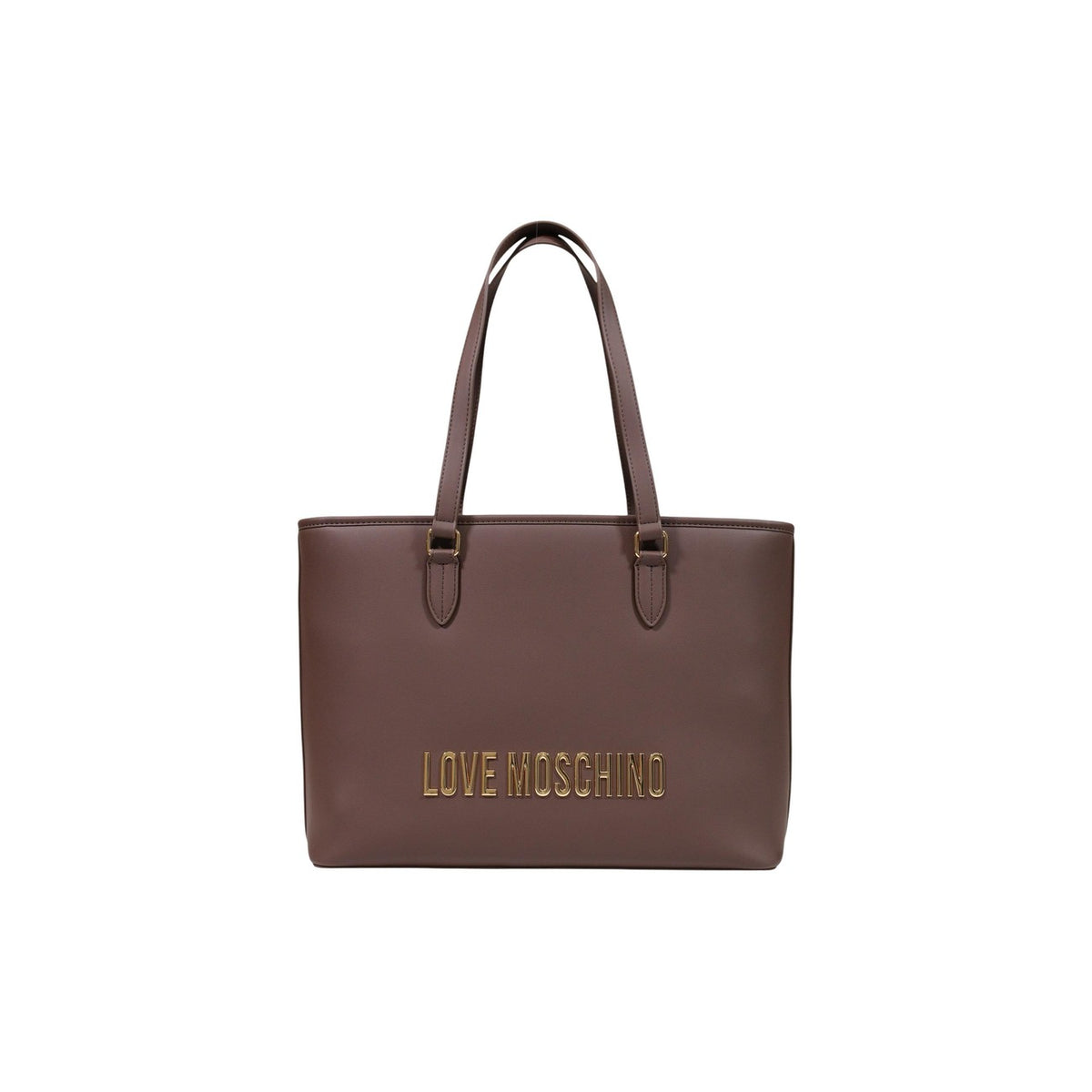 Borsa Love Moschino donna marrone grande modello JC4190PP. Shopping bag tote color marrone cuoio/cioccolato adatta per l'ufficio e il lavoro, con manici regolabili, ampio scomparto interno e scritte logo oro sul davanti, stile elegante e casual chic.