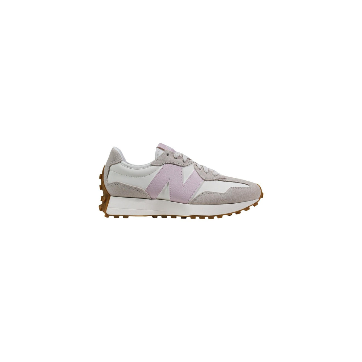 New Balance 327 White/Rose; sneakers iconiche in suede e nylon, suola con tacchetti, chiusura con stringhe. Stile retrò e ammortizzazione moderna. Vista laterale