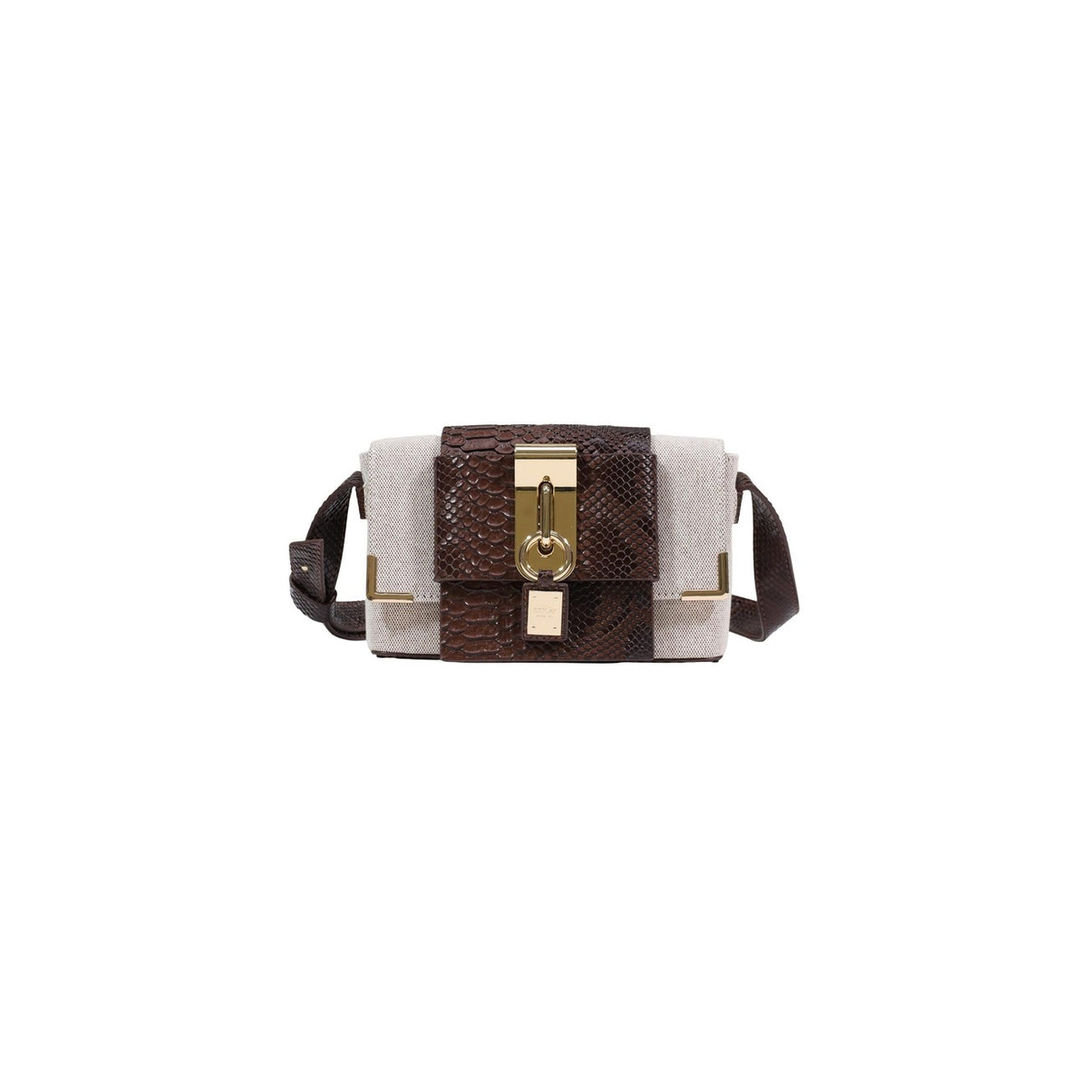 Borsa Replay FW3810; 65% cotone, 35% poliestere. Inserto effetto pitone, chiusura dorata con ciondolo, tracolla regolabile. Mini bag strutturata, elegante e resistente. Vista frontale