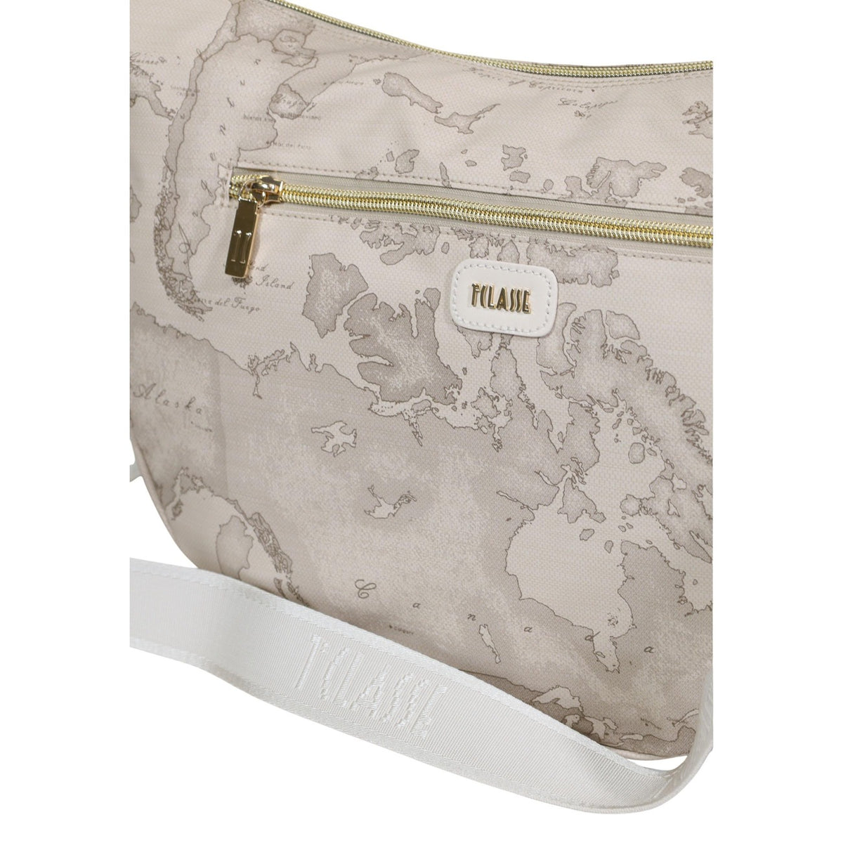 Borsa a spalla grande Alviero Martini 1^ Classe; stampa Geo iconica, design curvo, tracolla regolabile, mix di materiali premium. Stile elegante e capiente. Dettaglio stampa e logo