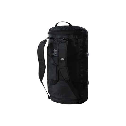 Borsone The North Face Base Camp M; 100% Riciclato. Idrorepellente, convertibile in zaino, cinghie di compressione laterali. Volume 71L, colore nero, stile sportivo 4 stagioni. Vista posteriore