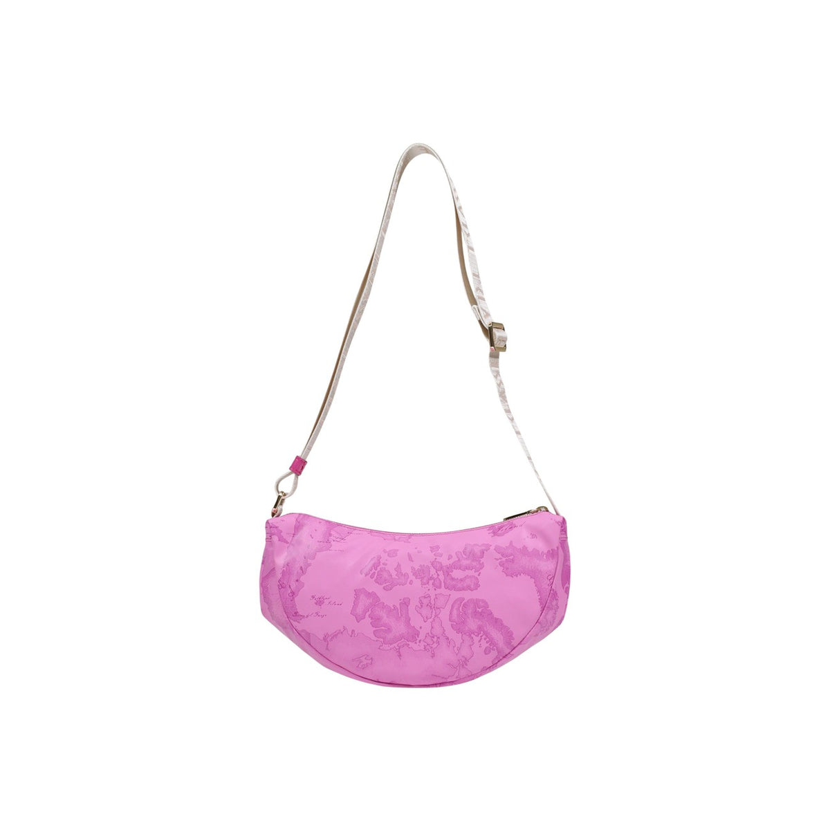 Borsa Alviero Martini Fucsia; Stampa Geo bicolore fucsia. Tracolla regolabile logata, chiusura con cerniera. Dimensioni compatte 17x6x6 cm. Accessorio versatile 4 stagioni dal carattere sofisticato e glamour. Vista posteriore