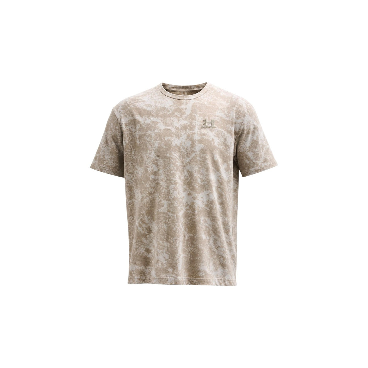 T-shirt Under Armour uomo beige modello 77-6013605. Maglietta tecnica a maniche corte girocollo beige con texture sfumata effetto marmo, tessuto leggero e traspirante in misto cotone per lo sport, l'allenamento e il tempo libero.
