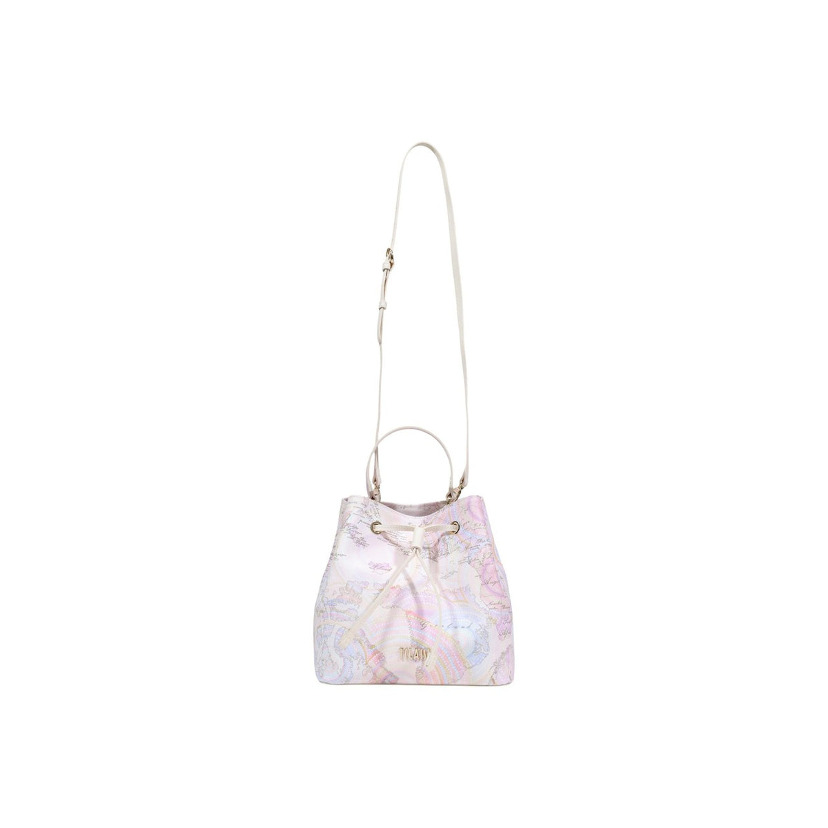 Borsa a secchiello Alviero Martini LE70 con stampa Geo e chiusura a laccio; design iconico a zainetto con base tonda e interni organizzati. Vista frontale con tracolla
