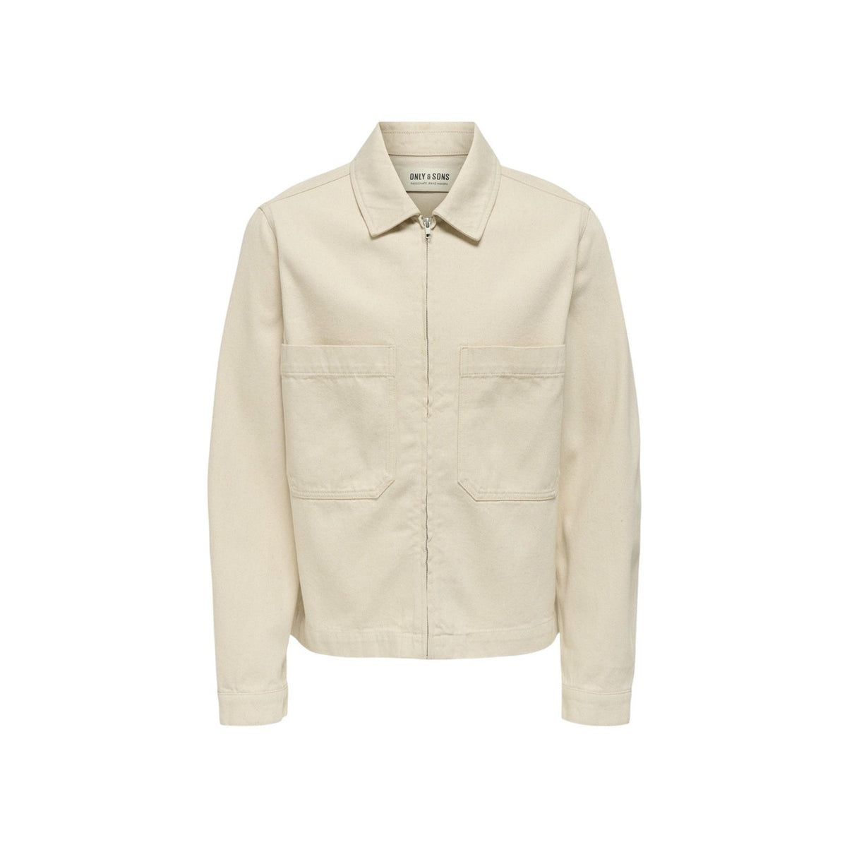 Giacca leggera beige Only & Sons Onscassel, 100% cotone, chiusura con bottoni e tasche frontali applicate; stile minimalista e vestibilità confortevole. Vista frontale Stesa