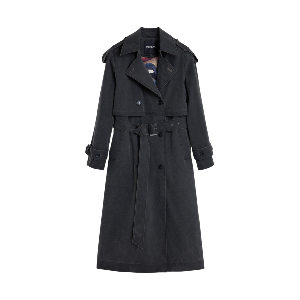 Cappotto Desigual donna grigio con bottoni bavero manica lunga - vista frontale steso