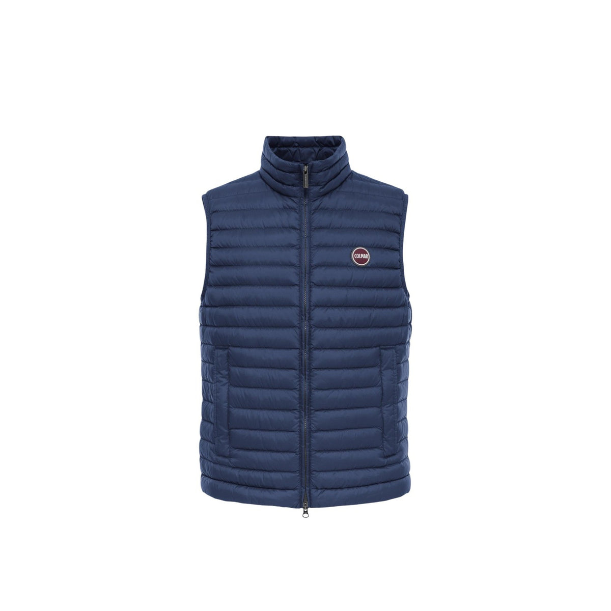 Gilet uomo Colmar Originals blu navy 100 grammi 1248 8VX. Smanicato leggero da uomo blu scuro idrorepellente con imbottitura in piuma, chiusura zip doppio cursore, coulisse sul fondo e logo al petto, gilet da mezza stagione casual sportivo.