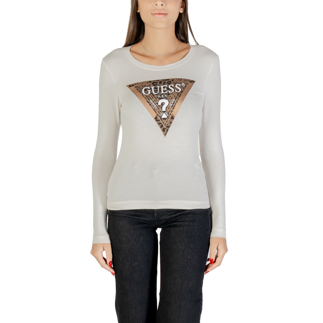 Guess T-Shirt Donna Nero Stampa Maniche Lunghe Scollo Tondo Cotone 95% Elastan 5% W5BI75 J1314