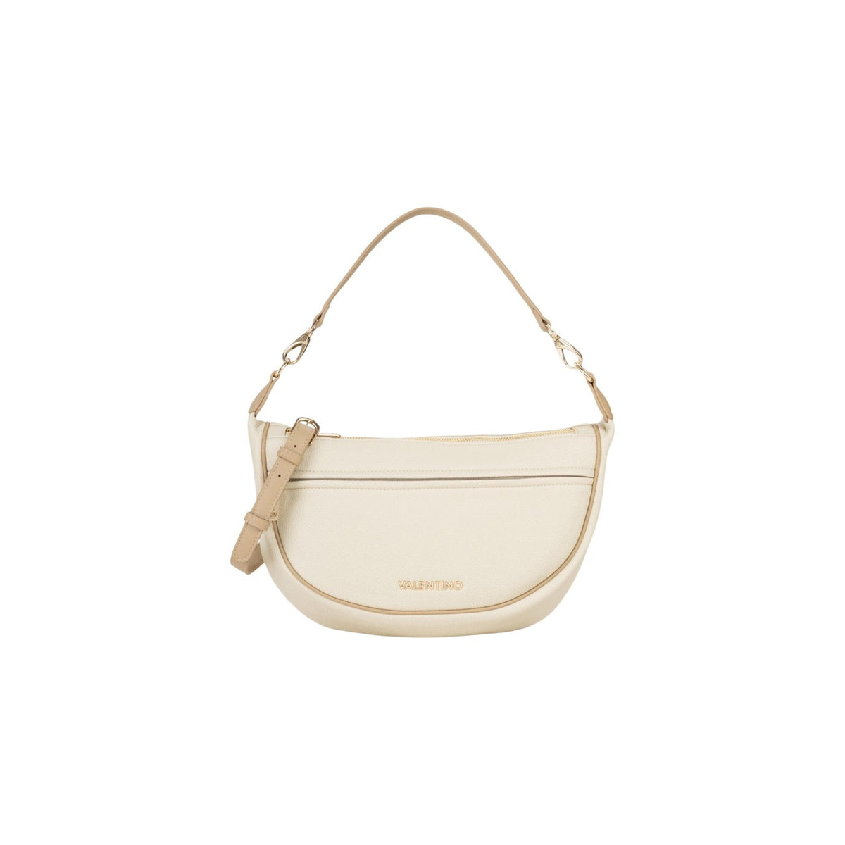Valentino Bags Daphne Re VBS9OP08, borsa beige hobo con logo gold e chiusura a zip; doppia opzione di trasporto (mano/spalla), struttura morbida e stile contemporaneo in 100% PU. Vista frontale