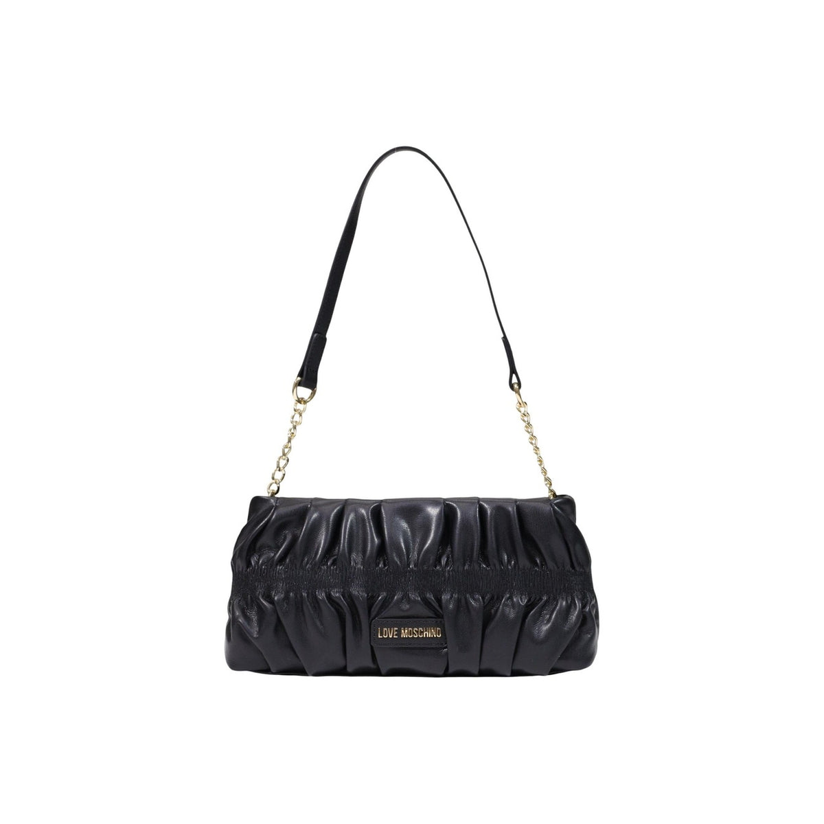 Borsa Love Moschino donna nera a spalla modello JC4089PP. Borsetta piccola elegante plissettata effetto pelle nera con tracolla a catena oro e zip stile elegante, casual chic e da sera.