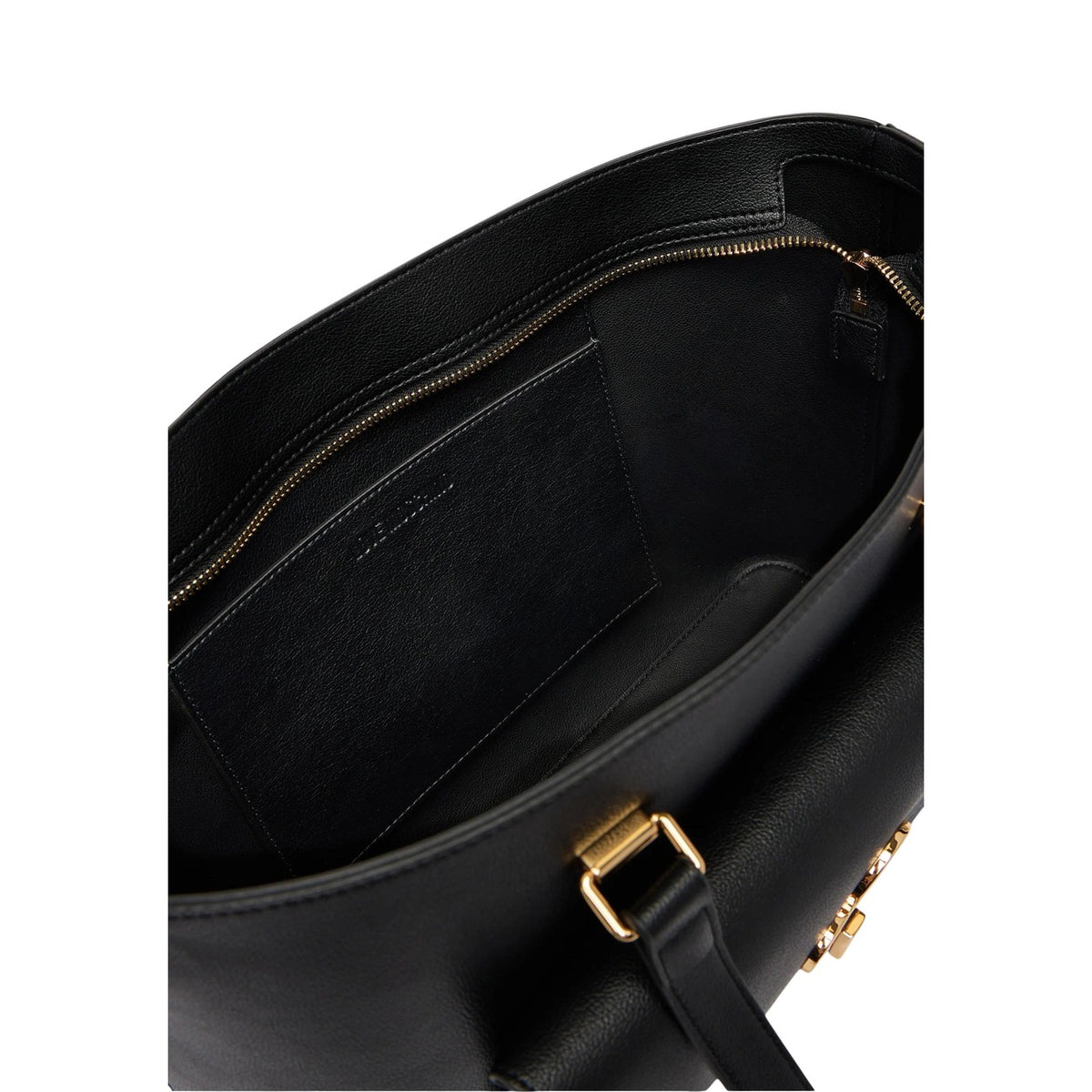 Borsa Love Moschino donna nera grande spalla modello JC4136PP1. Shopping bag shopper nera in ecopelle con tasca anteriore a patta, logo e placca a cuore in metallo dorato lucido, borsa giorno capiente per ufficio e università con chiusura a zip.